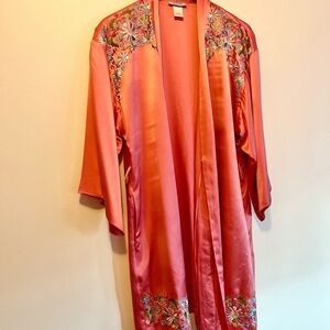 Natori silk pink coral kimono robe floral embroidery pockets tassel sash